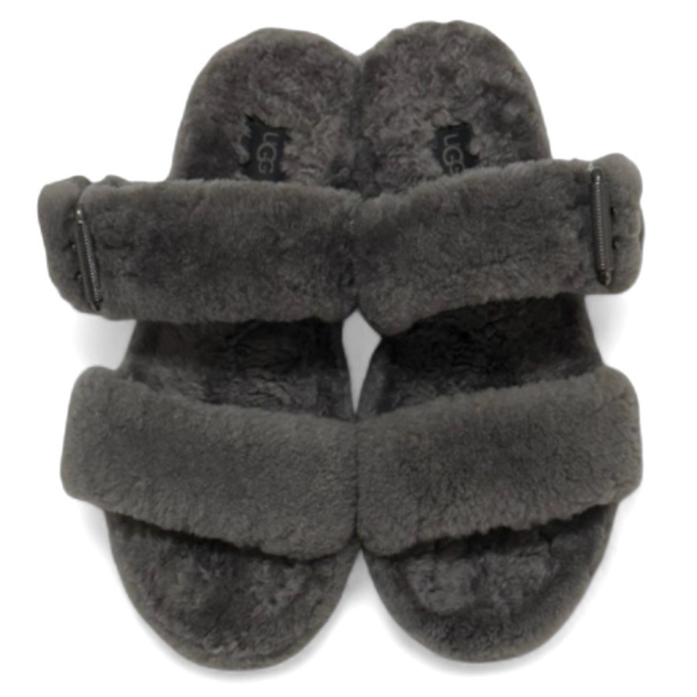 UGG Fuzz Yeah Slide Sandals Charcoal Gray Shearling Platform-Size 9-Luxe-Soft